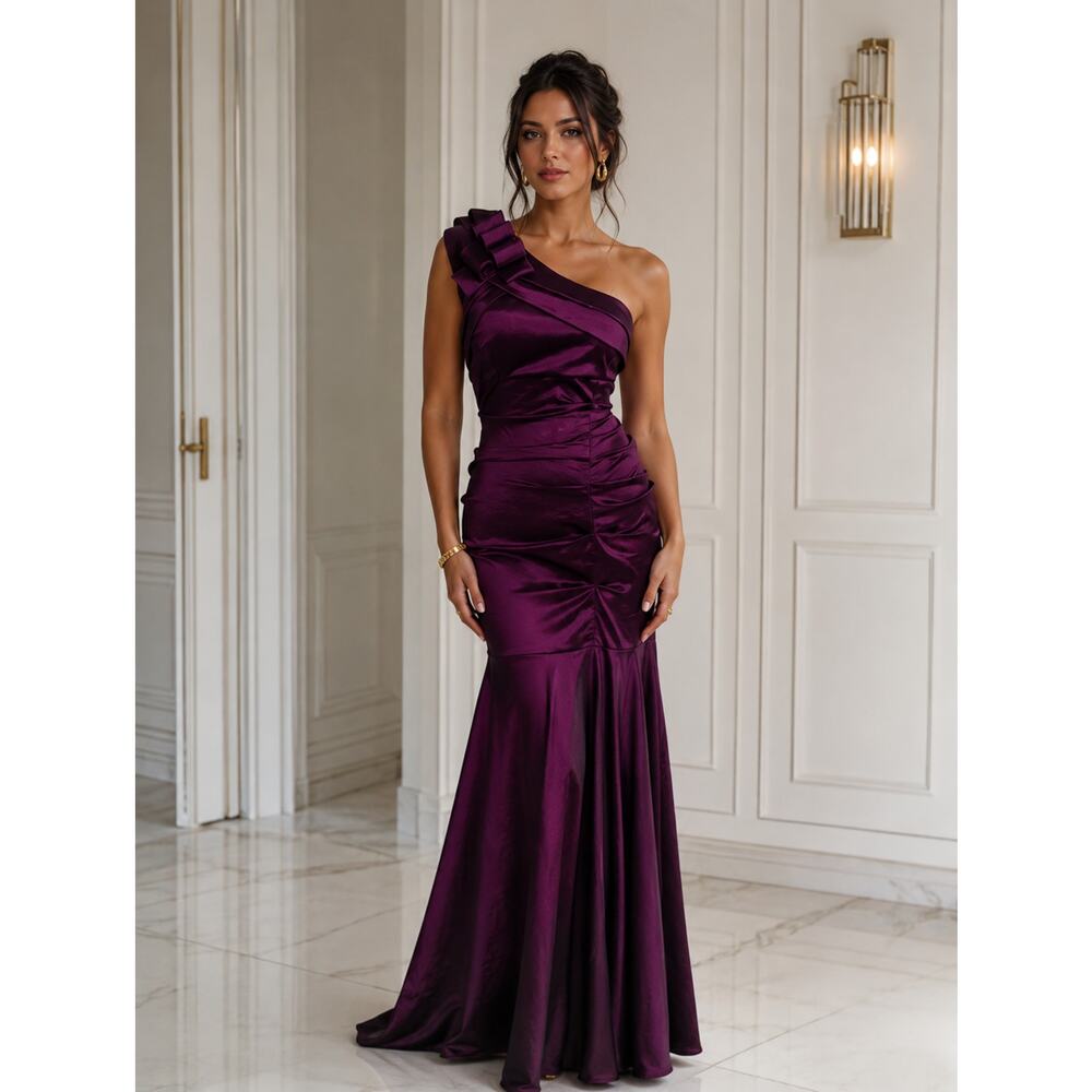 Betsy & Adam One Shoulder Gown Burgundy Metallic Formal Dress Bow SZ8 USA